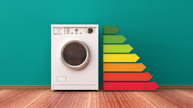 Washer machine and energy efficiency rating. 3d illustration