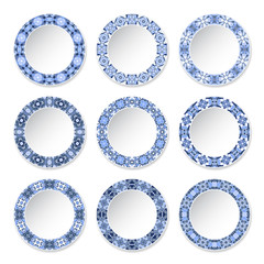 Set of nine decorative plates with a circular blue pattern, top view. White background. Vector illustration.