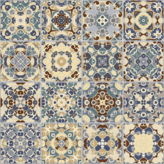 A collection of ceramic tiles in blue and beige retro colors. A set of square patterns in ethnic style. Vector illustration.