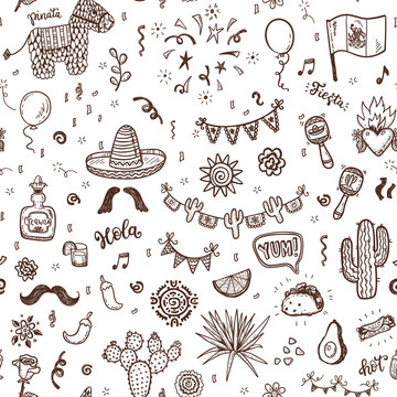 Vector seamless pattern with hand drawn doodle Mexican elements.  Independence day, Cinco de mayo celebration, party decorations for your design.