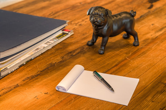 M&atilde;o de mulher escrevendo em bloco de notas com caneta, escultura de cachorro pug e livros no fundo.