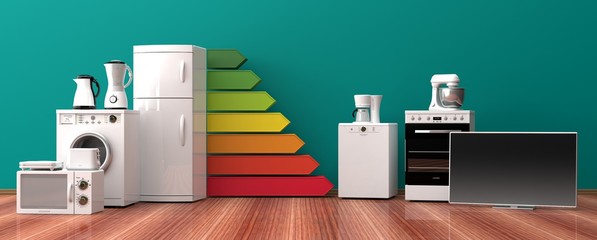 Home appliances and energy efficiency rating. 3d illustration © viperagp