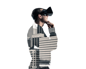 Guy wearing checked shirt and virtual mask with hand on chin