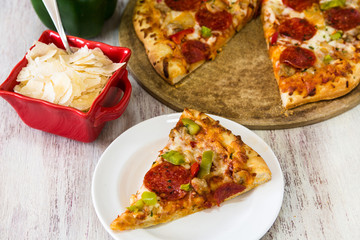 Pepperoni Pizza Slice on White Plate with Parmesan Cheese
