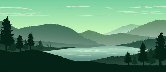 Nature landscape background with silhouettes of mountains and trees