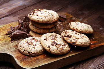 Chocolate chip cookies on table freshly baked