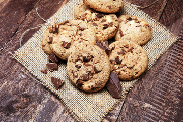 Chocolate chip cookies on table freshly baked