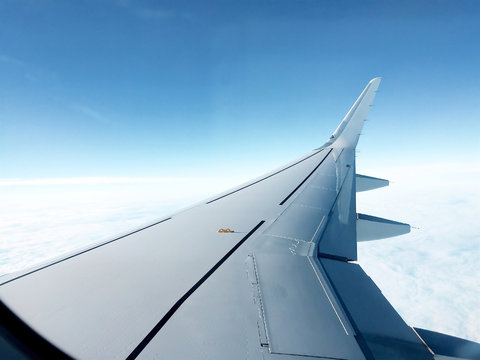Airplane wing from passenger window