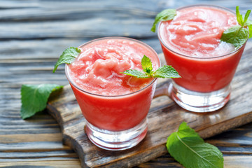 Icy watermelon smoothie, and mint green.