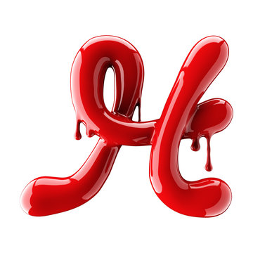 Leaky red alphabet isolated on white background. Handwritten cursive letter H.