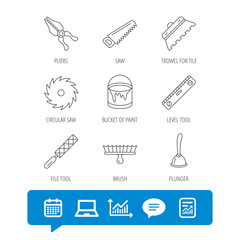 Trowel for tile, saw and brush tool icons.