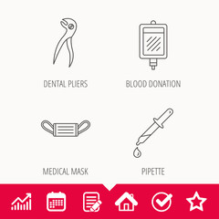 Medical mask, blood and dental pliers icons.