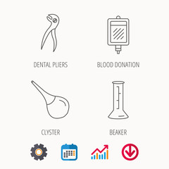 Beaker, blood and dental pliers icons.