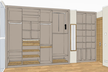 3D rendering. Empty classic wardrobe with many drawers in the interior. Big modern cupboard. Cloakroom. Project management.