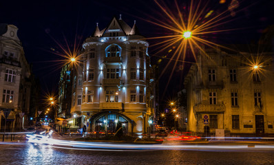 Fototapeta na wymiar Night Lviv cityscape with long exposure in Ukraine