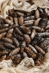 Winter holidays background of pine cones powdered with artificial snow and white downy shawl. Merry Christmas brown backdrop.