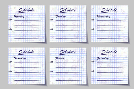 Item set "Schedule" on sheets in the box in patterns on the subject of school: Monday, Tuesday, Wednesday, Thursday, Friday, Saturday. The sketch marker.