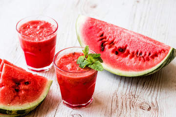 healthy drinks. watermelon smoothie on white wooden background