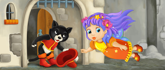 cartoon scene with flying little fairy and cat welcoming in front of castle gate - illustration for children