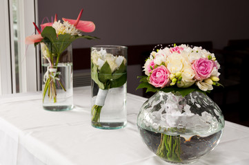 Beautiful wedding flowers on white table