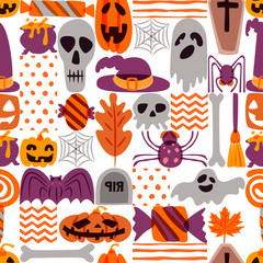 Vector seamless Halloween pattern. Doodle pumpkin, skull, witch hat, bones, candies, spider, ghost, broom, cauldron on white background. Design for holiday textile prints wrapping and backgrounds