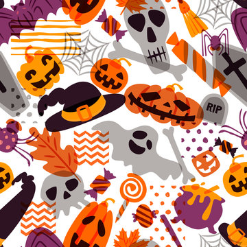 Vector seamless Halloween pattern. Doodle pumpkin, skull, witch hat, bones, candies, spider, ghost, broom, cauldron on white background. Design for holiday textile prints wrapping and backgrounds