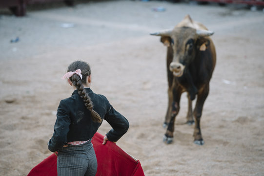 Corrida. Matador woman Fighting in a typical Spanish Bullfight