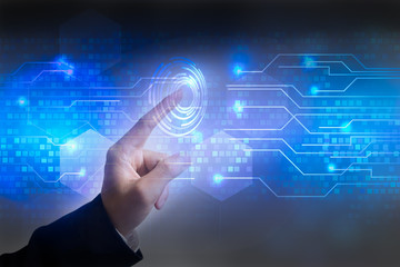 Future of technology network concept, Hand touching network symbols and graphical interface.