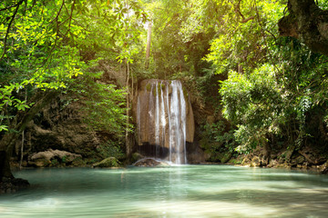 Erawan waterfall in national park Kanchanaburi tourism landmark travels the best of Thailand.