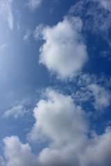 青空と天空に浮かぶ２つのふわふわした雲「空想・雲のモンスターたち（上下にふわふわとした丸顔型のモンスターたちのイメージと周辺にチビモンスターたちのイメージなど）」夫婦愛、カップル、「パパ、ママ、何しているの、遊んでよ」、幸福な家族、親子連れ、明日へなどのイメージ・二つの雲などにキャッチコピースペース（上の雲などに何か短い文字を入れると効果的かも）
