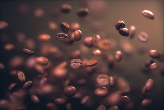 Roasted Coffee Beans, Frozen Grain In The Air With Shallow Depth Of Field.