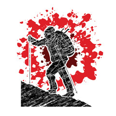 A man hiking on the mountain designed on splatter ink background graphic vector