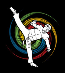 Taekwondo high kick action with guard equipment designed on spin wheel background graphic vector.
