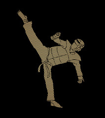 Taekwondo high kick action with guard equipment designed using geometric pattern graphic vector.