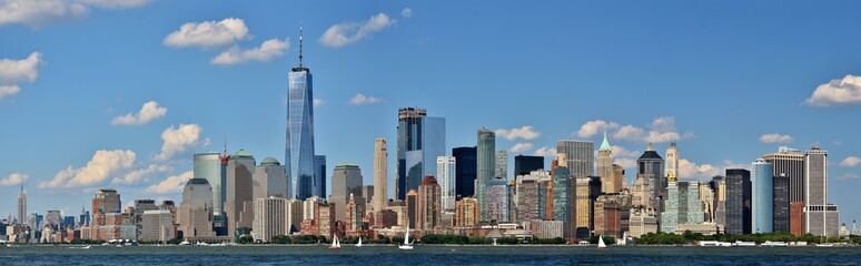 The skyline of downtown New York City and the Financial District from New York Harbor.