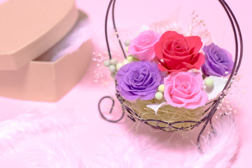 A Gift of Preservrd Flower and Clay Flower Arrangement, Colorful Roses