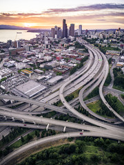 Aerial View of Seattle, Washington with Vibrant Afterglow Colors