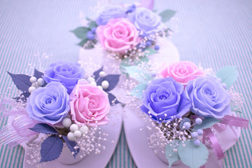 A Gift of Preservrd Flower and Clay Flower Arrangement, Blue and Pink Roses