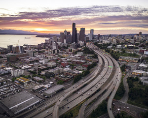 Naklejka na ściany i meble Sunset Afterglow on Seattle, Washington with Helicopter Angle of City Skyline