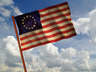 Old American Flag waving over sunset, USA flag for USA Independence Day, USA Betsy Ross flag