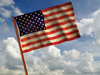 Old 1960 flag of USA waving against blue sky, USA flag for USA Independence Day, USA The Stars and Stripes flag, USA Old Glory flag, USA Star Spangled Banner flag