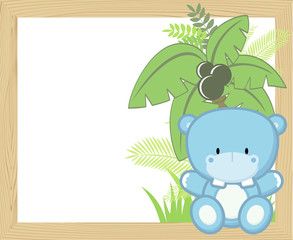 cute baby hippo with tropical leaves and palm tree on empty wood frame for copy space, ideal for nursery art decoration or scrapbooking projects