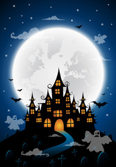 haunted house and full moon with witch and ghost,Halloween night background.Vector illustration.