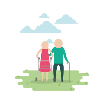 color sky landscape and grass with silhouette pictogram elderly couple in grass with walking stick vector illustration