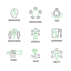 Modern Flat thin line Icon Set in Concept of Business and Management with word task,vision,knowledge,recruitment,ability,value,brainstorm,agreement,strategy. Editable Stroke.