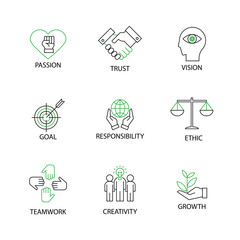 Modern Flat thin line Icon Set in Concept of Business Core Values with word Passion,Trust,Vision,Goal,Responsibility,Ethics,Teamwork,Creativity,Growth.Editable Stroke.