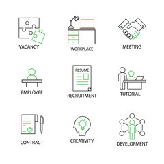 Modern Flat thin line Icon Set in Concept of Human and Resource Management with word Key Vacancy,Recruitment,Meeting,Tutorial,Workplace,Employee,Contract,Development,Ceativity.Editable Stroke.