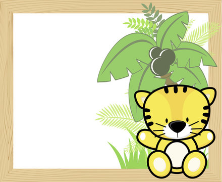 cute baby tiger with tropical leaves and palm tree on empty wood frame for copy space, ideal for nursery art decoration or scrapbooking projects