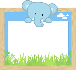 wood frame with cute baby elephant and blank board for copy space, design for children