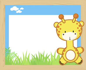 Naklejka premium wood frame with cute baby giraffe and blank board for copy space, design for children